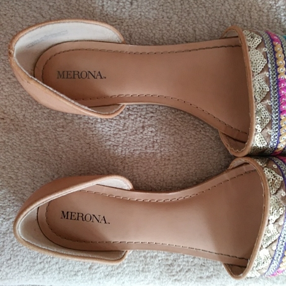 Merona Embellished Sequins Open Toe Flats 8 Pink Yellow Brown - Picture 5 of 9